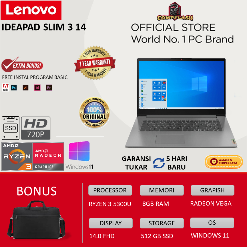 LENOVO IDEAPAD SLIM 3 14 - RYZEN 3 5300U RADEON VEGA 6 8GB RAM 512SSD WINDOWS 11 + OHS 14.0FHD BACKLIT GREY (EXD)