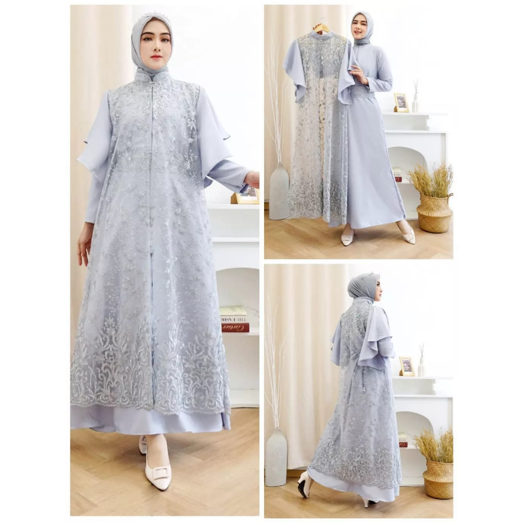 Gamis Adeeva OneSet Outer Kekinian Gamis Lebaran Murah Berkualitas Gamis Brukat tulle Dress Kondangan