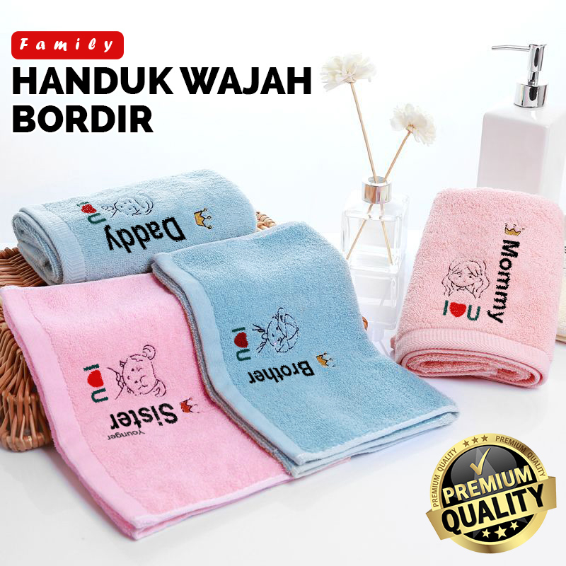 Handuk Wajah Family Bordir Ukuran Besar 70cm x 33cm &amp; Kecil 50cm x 25cm Bahan Katun Halus Lembut &amp; Lucu Kualitas Import CMJ