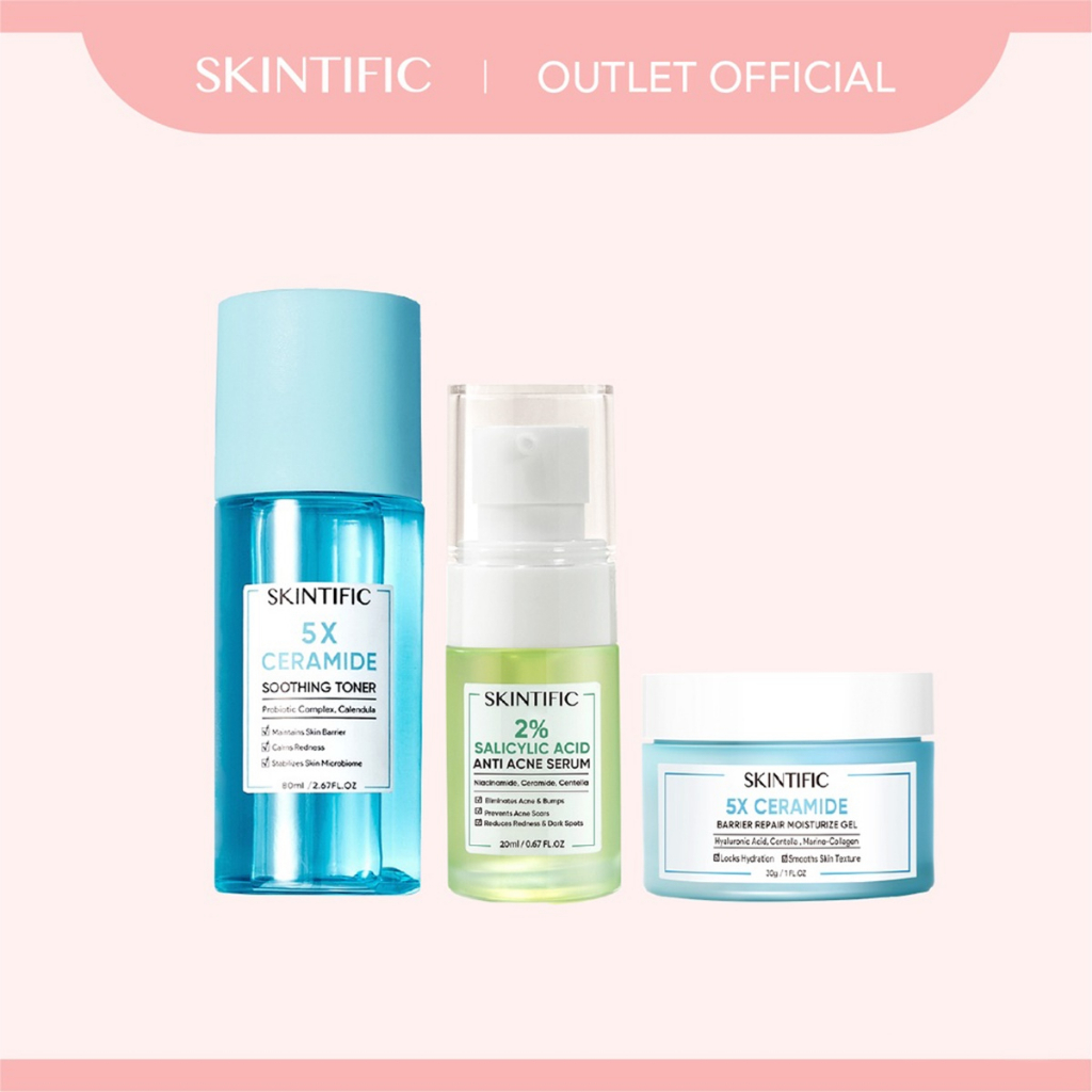 【Skintific Outlet Official】SKINTIFIC 5X Ceramide Barrier  Moisturize Gel Moisturizer 30G Pelembab Wajah &amp;  2% Salicylic Acid Anti Acne Serum &amp; 5X Ceramide Soothing Toner 80ml