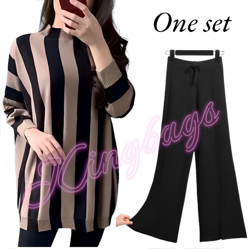 One Set Setelan Rajut Salur 2 pcs Blouse Kulot Panjang