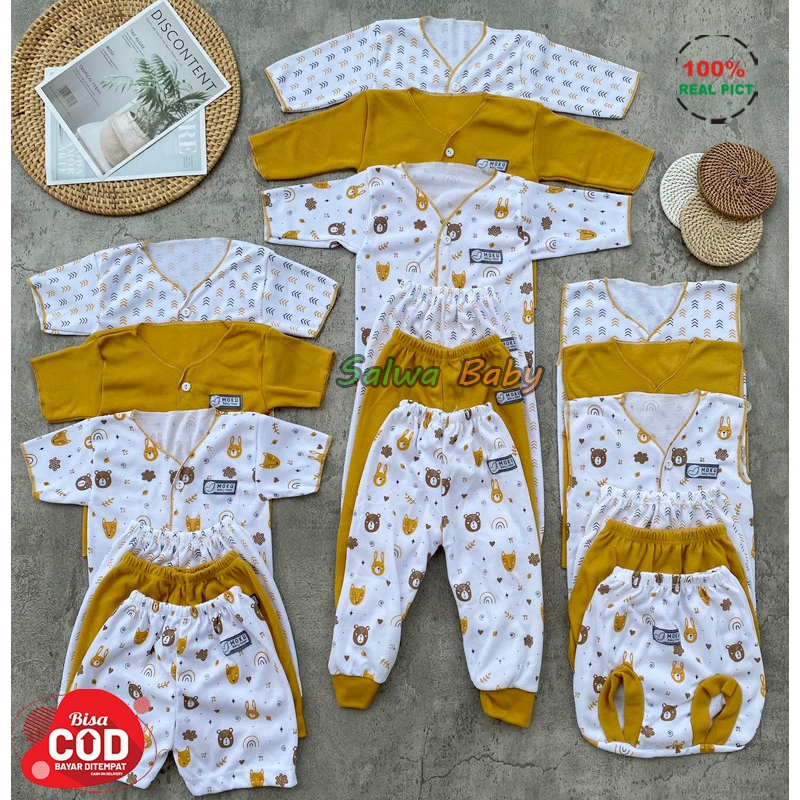 Isi 18 PCS Baju Bayi Celana Bayi Baru Lahir Paket Lahiran Seri Mustard Usia 0-3 Bulan Anababy