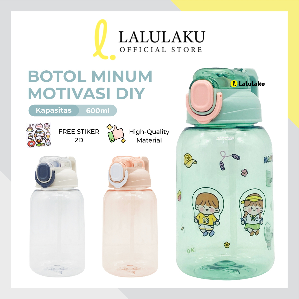 Botol Minum Stiker DIY 2D 600ml Sekolah Kantor Olahraga Sport Dewasa dan Anak-anak