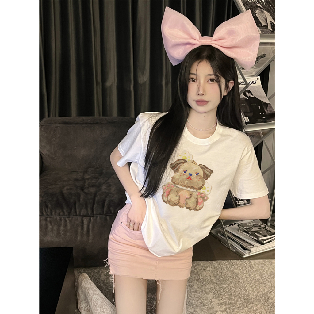 EUNII T-shirt Lengan Pendek Cartoon Oil Painting Dog Korean Style/Kaos Atasan Wanita/Baju Kaus Oversize Wanita/Kaos Wanita