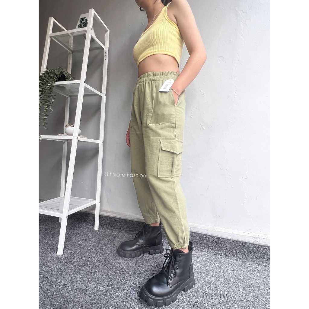 Lea Cargo Pants - Highwaist Loose Cargo - Celana Kargo Wanita Linen - Baggy Pants Rakku 867