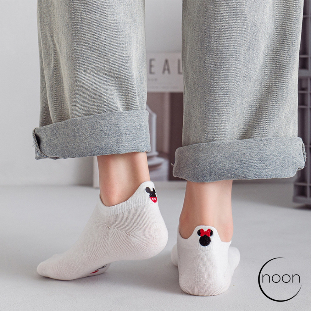 NOON (Disney) Kaos Kaki Pendek Wanita Korea  Sneakers Sekolah Olahraga Kerja Kantor Semata Kaki Motif Mickey Minnie Vans Converse Putih SMA Lucu Imut Katun Import Ankle Socks