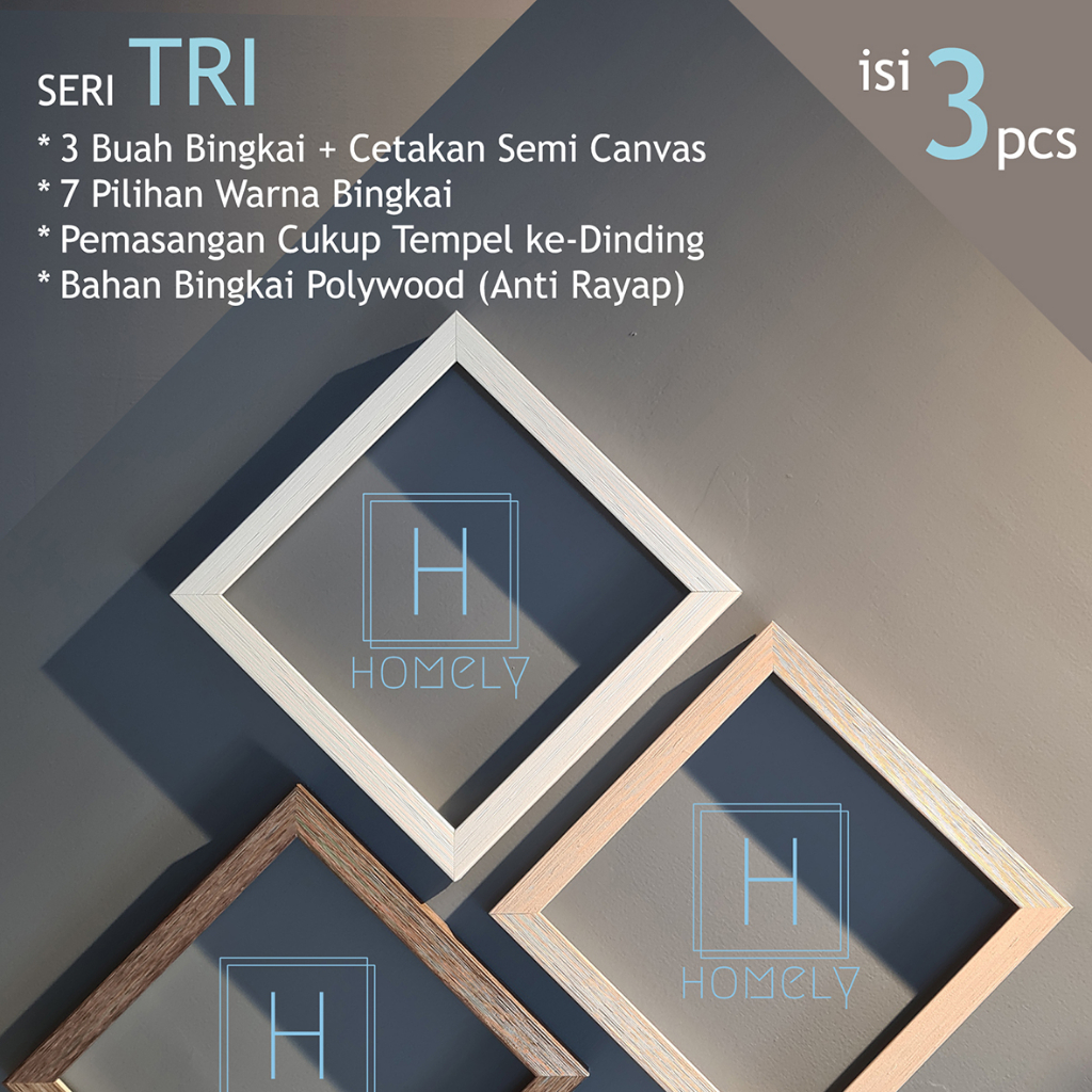 3 Buah Bingkai + Cetak Semi Canvas Ukuran 20x20cm atau 8x8inch (SERI TRI) / Pigura Foto / Wall Frame