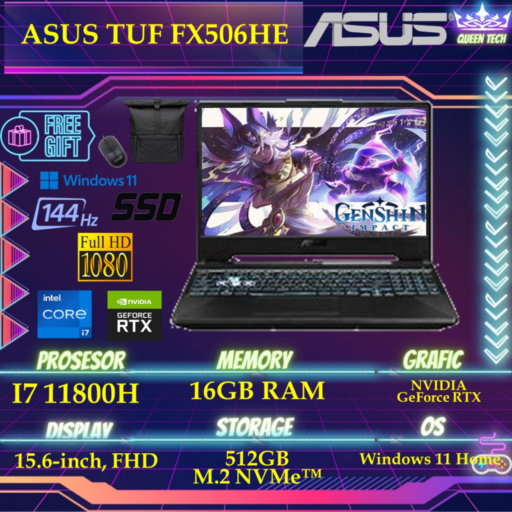 Asus TUF FX506HE I7 11800H 16GB 512SSD RTX3050TI 4GB Windows 11+OHS 15.6 Inchi FHD