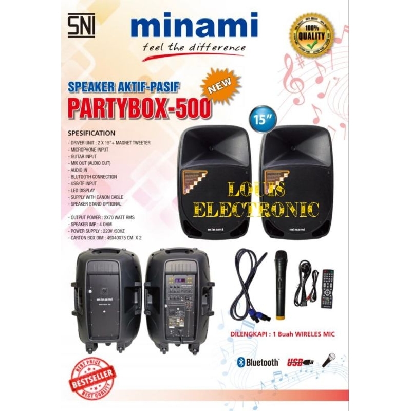 Speaker Aktif + Pasif 15 Inch MINAMI PARTYBOX 500 ( Komplit Stand Speaker + Mic Wireless )