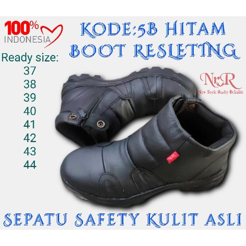 Sepatu safety BOOT RESLETING kulit sapi asli hitam finish semir slip on sepatu proyek ujung ada besi pengaman