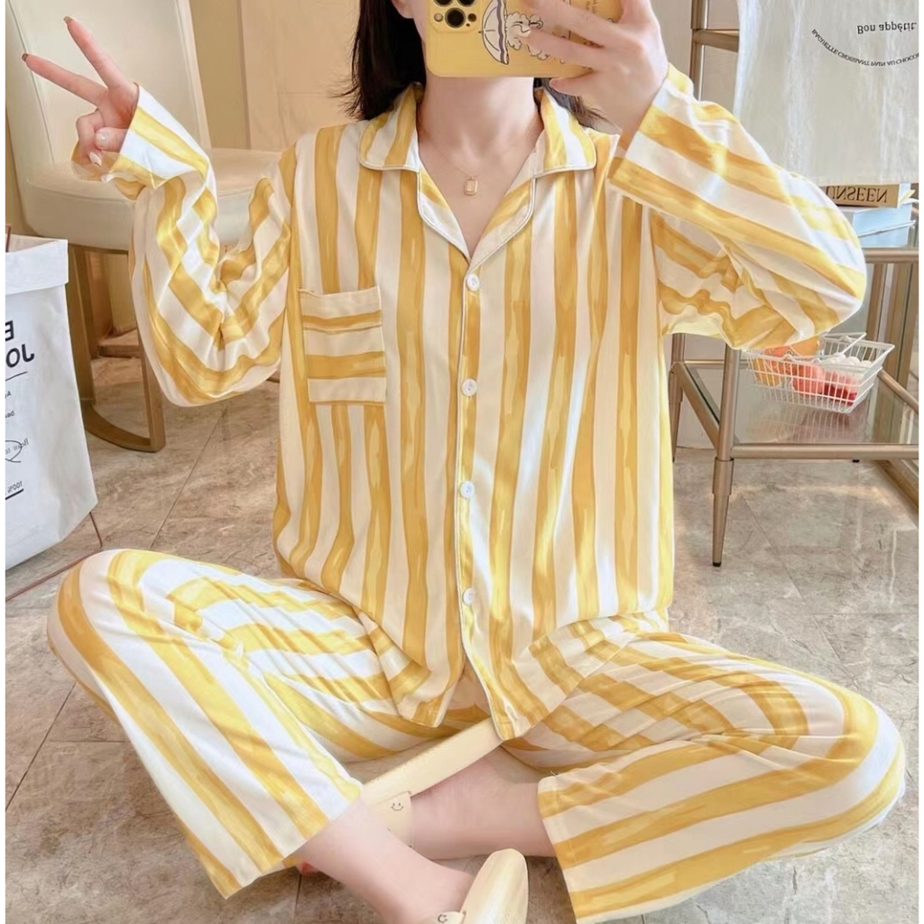 SETELAN BAJU TIDUR PIYAMA IMPORT WANITA KOREA LENGAN PANJANG CELANA PANJANG