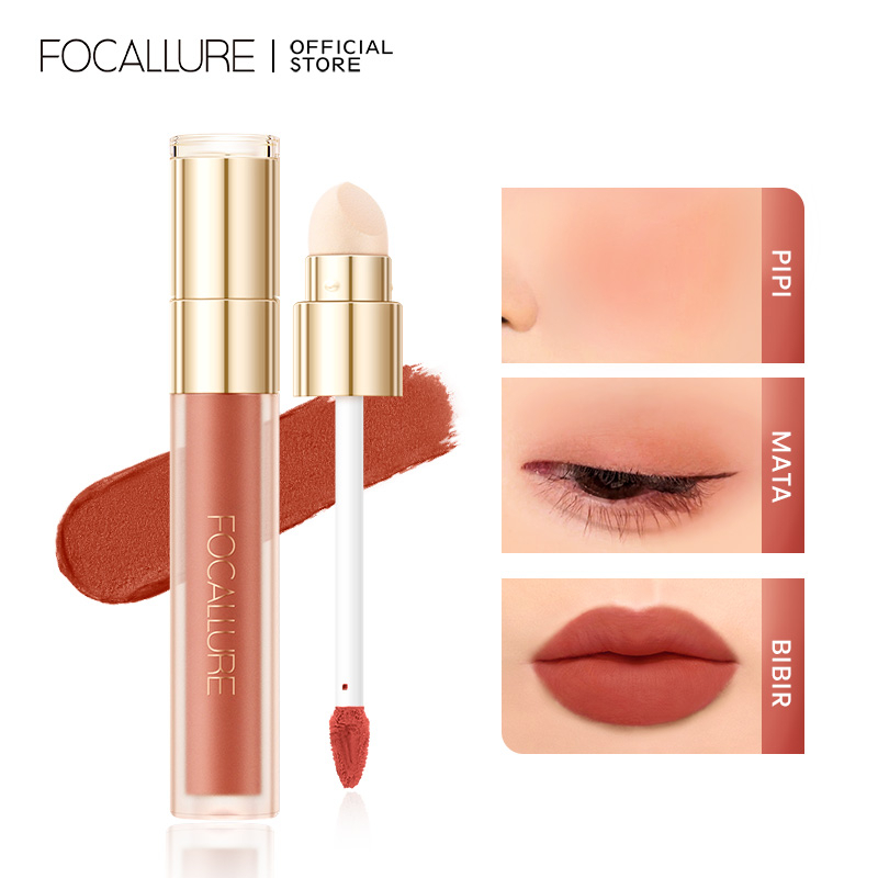 FOCALLURE 2 In 1 Velvet Matte Lipstick Lipclay Lightweight Breathable LipMud High Pigmented Multi-use with Sponge Lip Brush