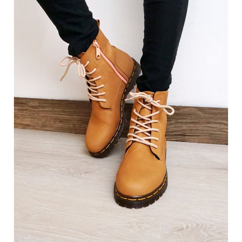 Sepatu boots wanita kulit sapi asli sepatu boot model Korea tali Zipper merk Flavio Boston