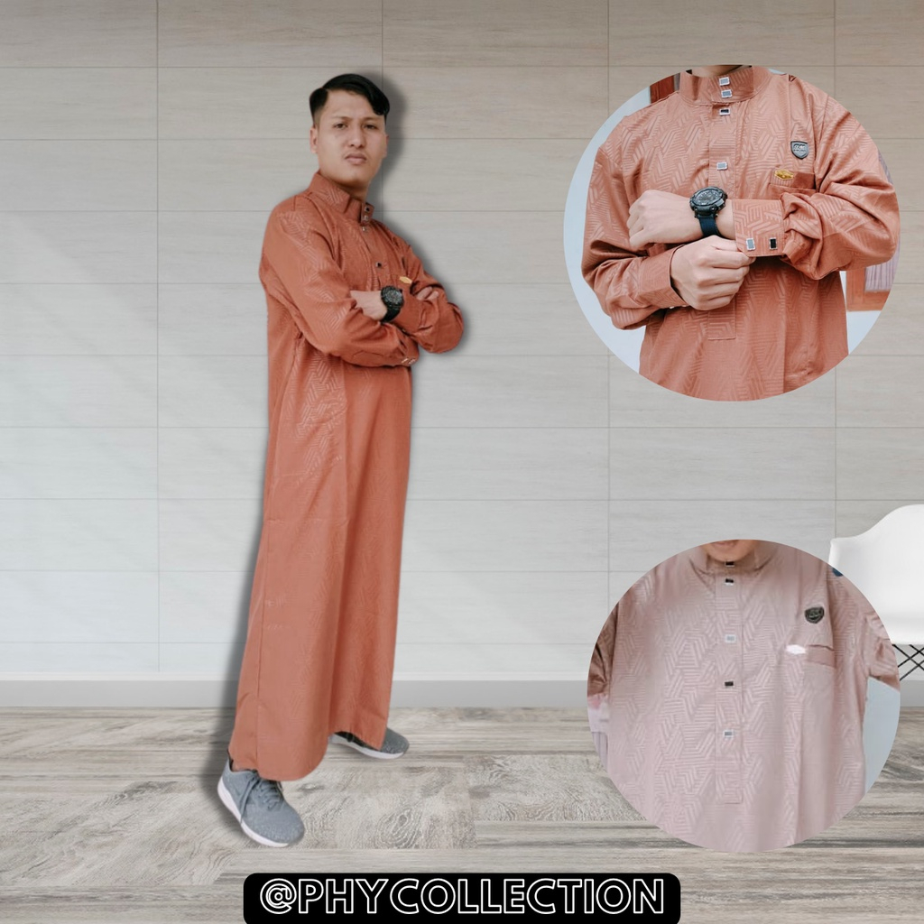 Baju Jubah Gamis Thobe Pria Laki Laki Dewasa Cowok Remaja Model Haromain Motif Embos Lengan Panjang Ukuran S M L XL XXL [AL-HASAN]