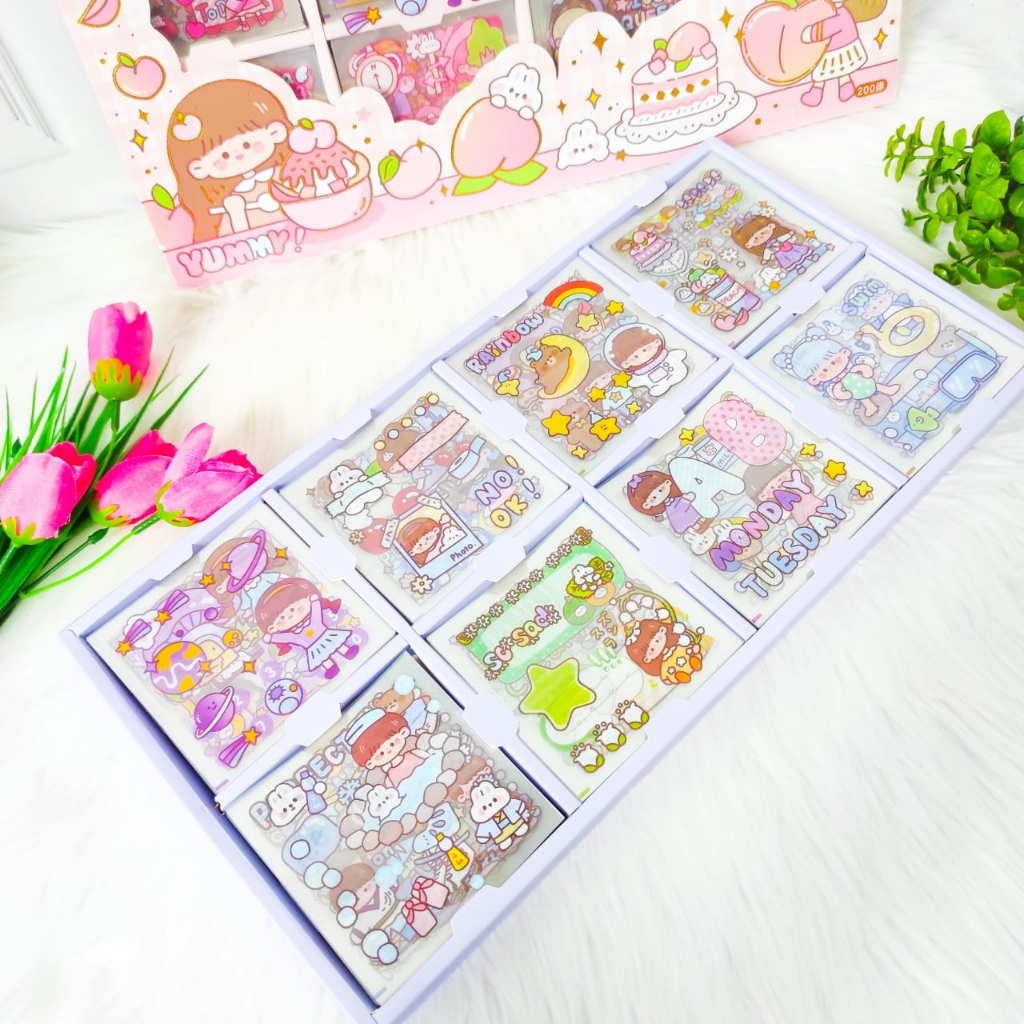 Sticker BOX SENMU ISI 200 LEMBAR Set Daily Manual Cute Pattern Decorative Tape Sticker Gift Box
