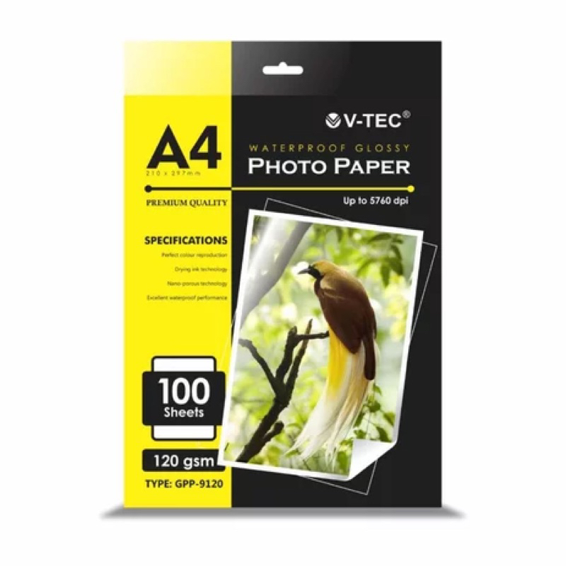 KERTAS FOTO VTEC ISI 100 120GSM / WATERPROOF PHOTO PAPER GLOSSY VTEC UK A4