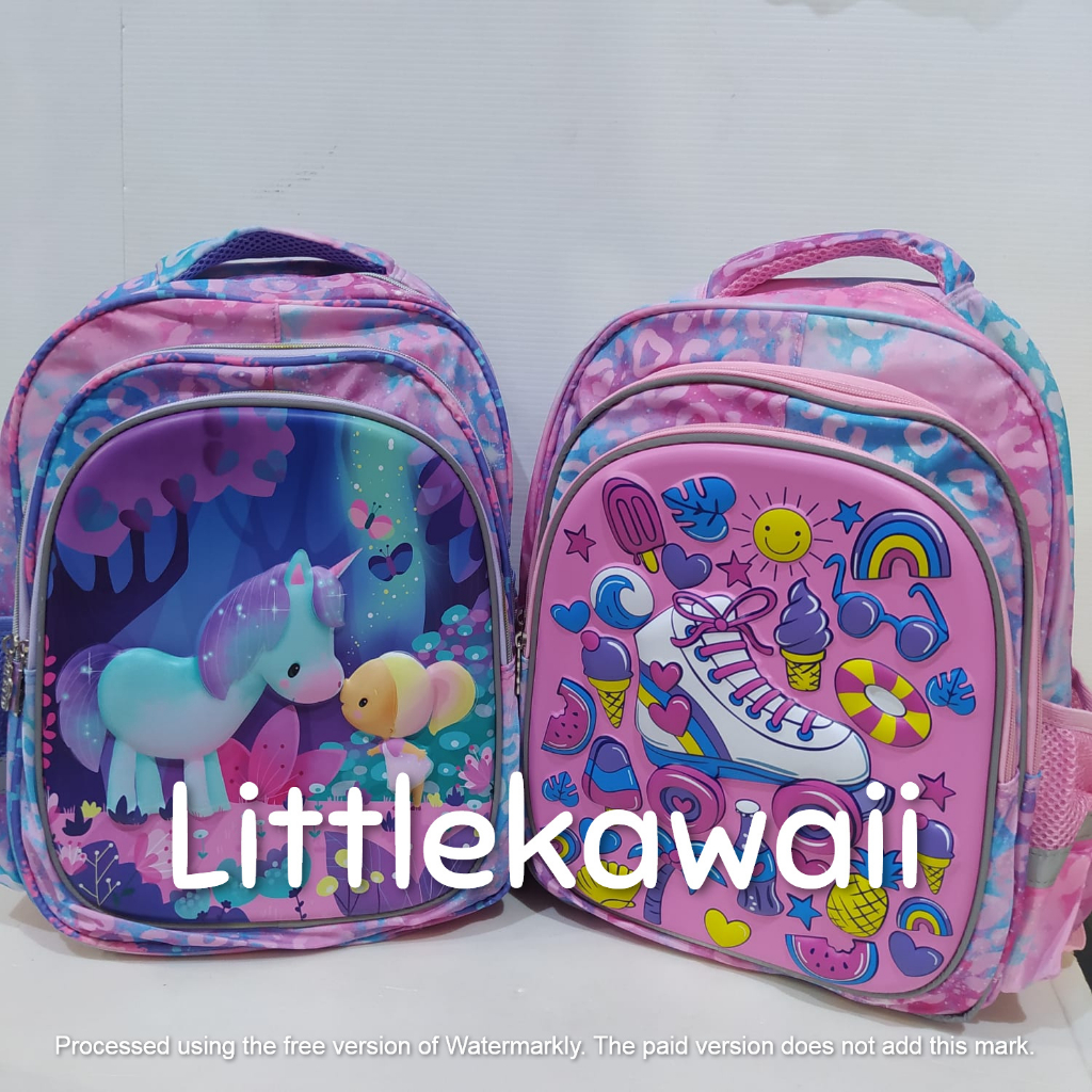 LK/Tas Ransel Sekolah Anak Perempuan Laki Laki Hardcase Kotak Kantong Depan Resleting Unicorn Mermaid Cat Shine TK PAUD SD Mix Impor