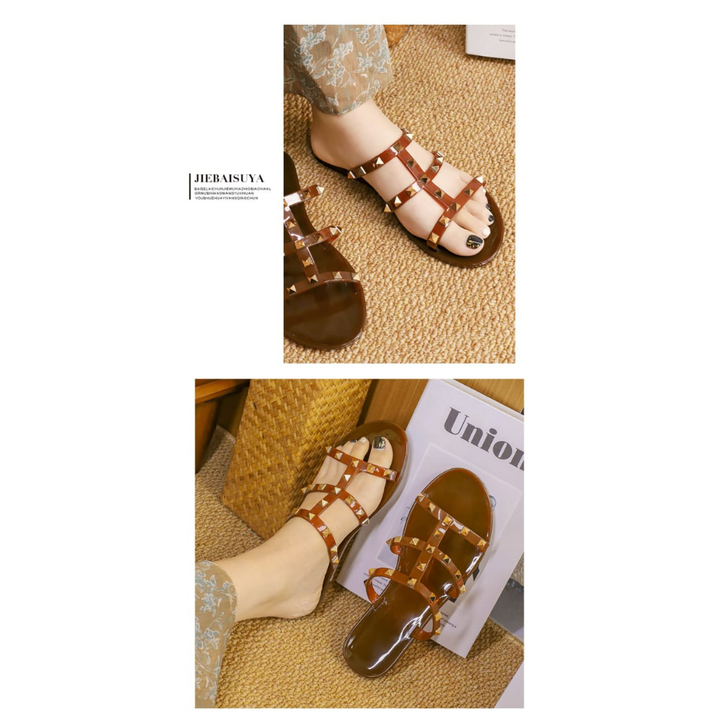 Sandal Wanita Jelly Stud Garis Nyaman Dan Empuk