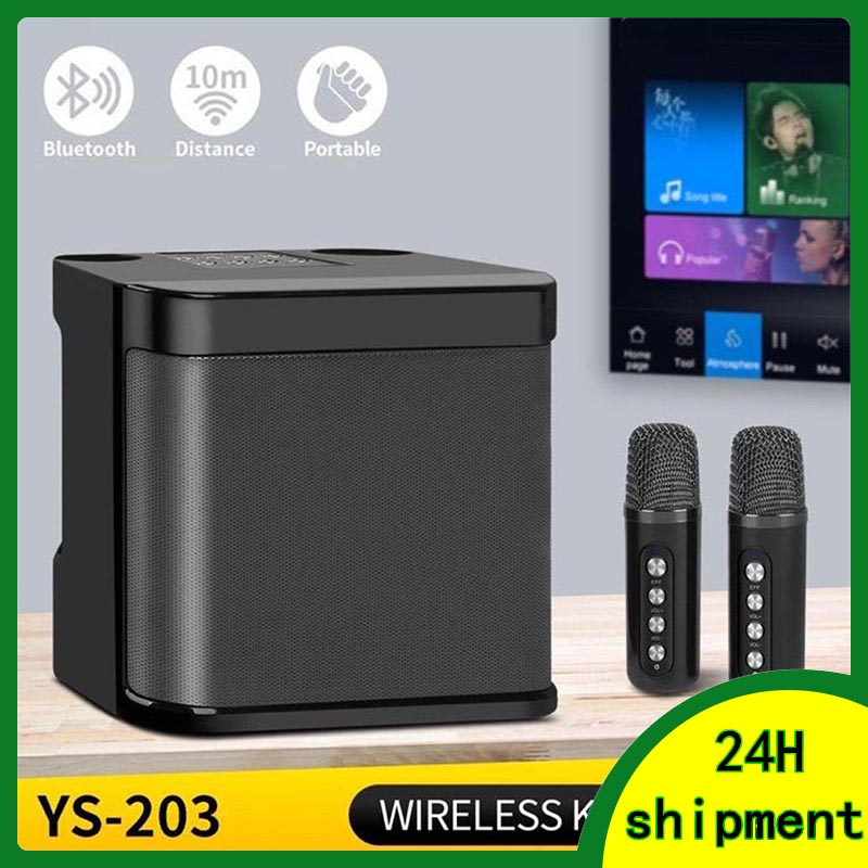 YS-203 Mesin Karaoke Mini Mikrofon Nirkabel Ganda Speaker Bluetooth Portabel Sistem PA Untuk Pesta Luar Ruangan Dalam Rumah