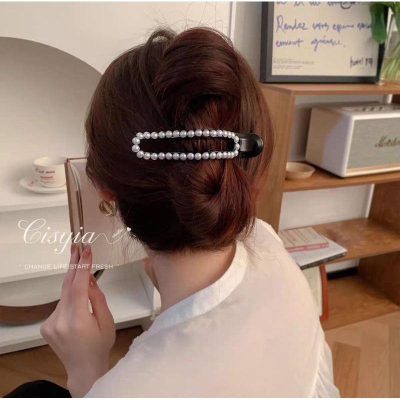 Jedai Bebek Pita Mutiara Bolong 11cm Jepit Rambut Mutiara Duckbill Side Slide Flat Oval Hair Clip