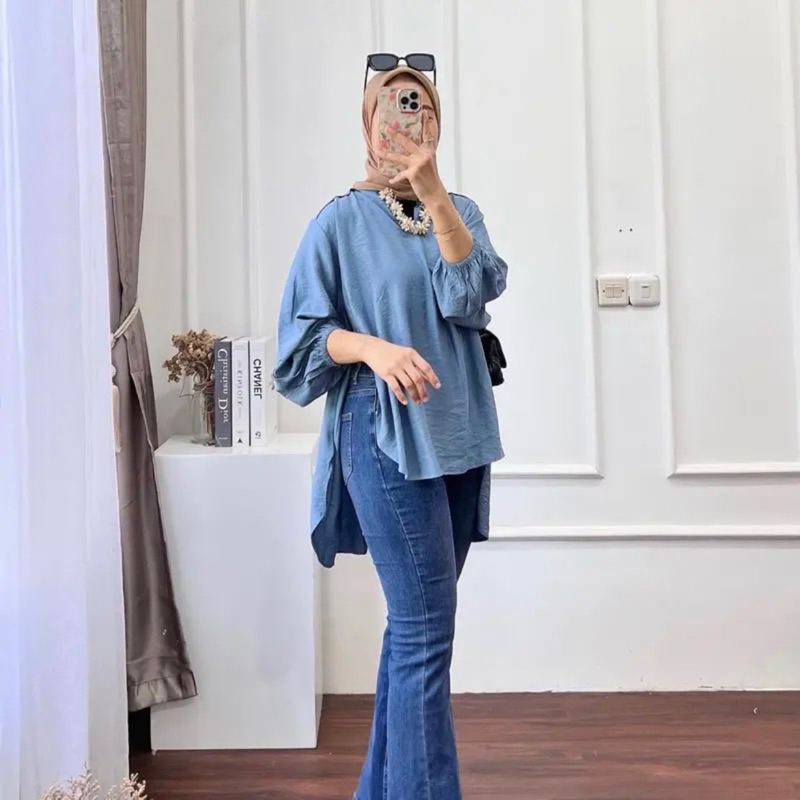 LIVIA BLOUSE KEMEJA OUTER CRINKLE AIRFLOW - Cirebon Cloth | Blouse wanita muat BB 40-90 kg