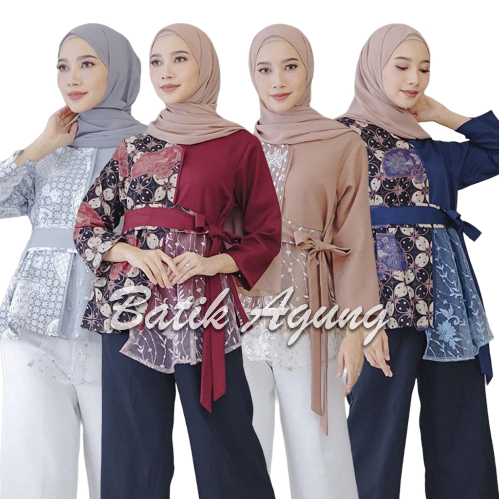 Baju Batik Blouse Kombinasi Brukat Tile Mewah Premium / Seragam Batik Kerja Kondangan Wanita Modern