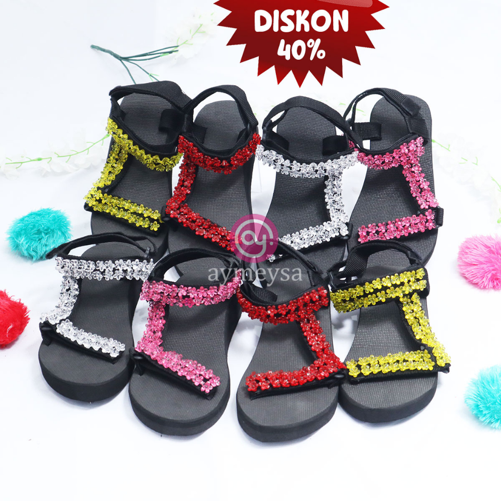 ELODI  (Beads Sandal - Sandal Mote/Manik Sakura Wanita) Sendal Wedges Wanita Tali