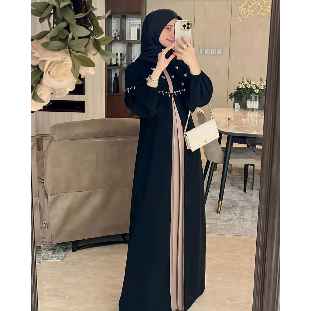 GAMIS WANITA AUREL DRESS KF CERUTY BABYDOLL FULL PURING AKSEN MUTIARA PAYET ZIPPER DEPAN LD 100 - 120 CM PB 137 BLACK GAMIS WANITA TERBARU 2023 KEKINIAN // GAMIS CERUTY BABYDOLL PREMIUM // MAXI DRESS JUMBO WANITA // BAJU MUSLIM WANITA MODREN