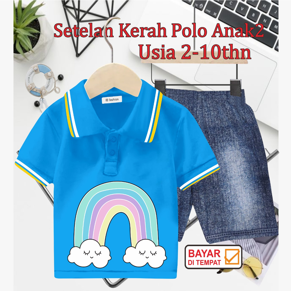 ((IB))SETELAN ANAK2 KERAH POLO SEMI JEANS/RAINBOW DIGITAL SABLON