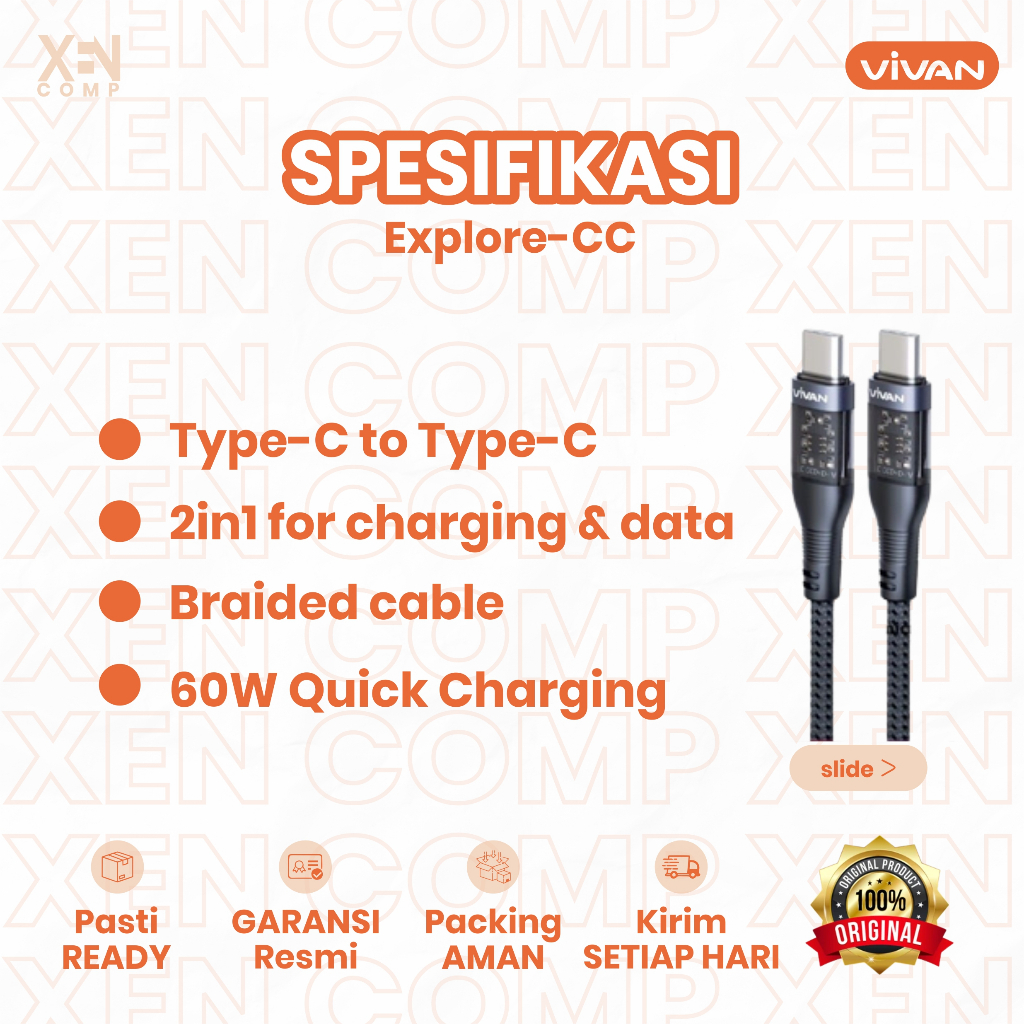 Vivan Kabel Data Charger Explore-CC Type C to Type C 60W USB 3.0