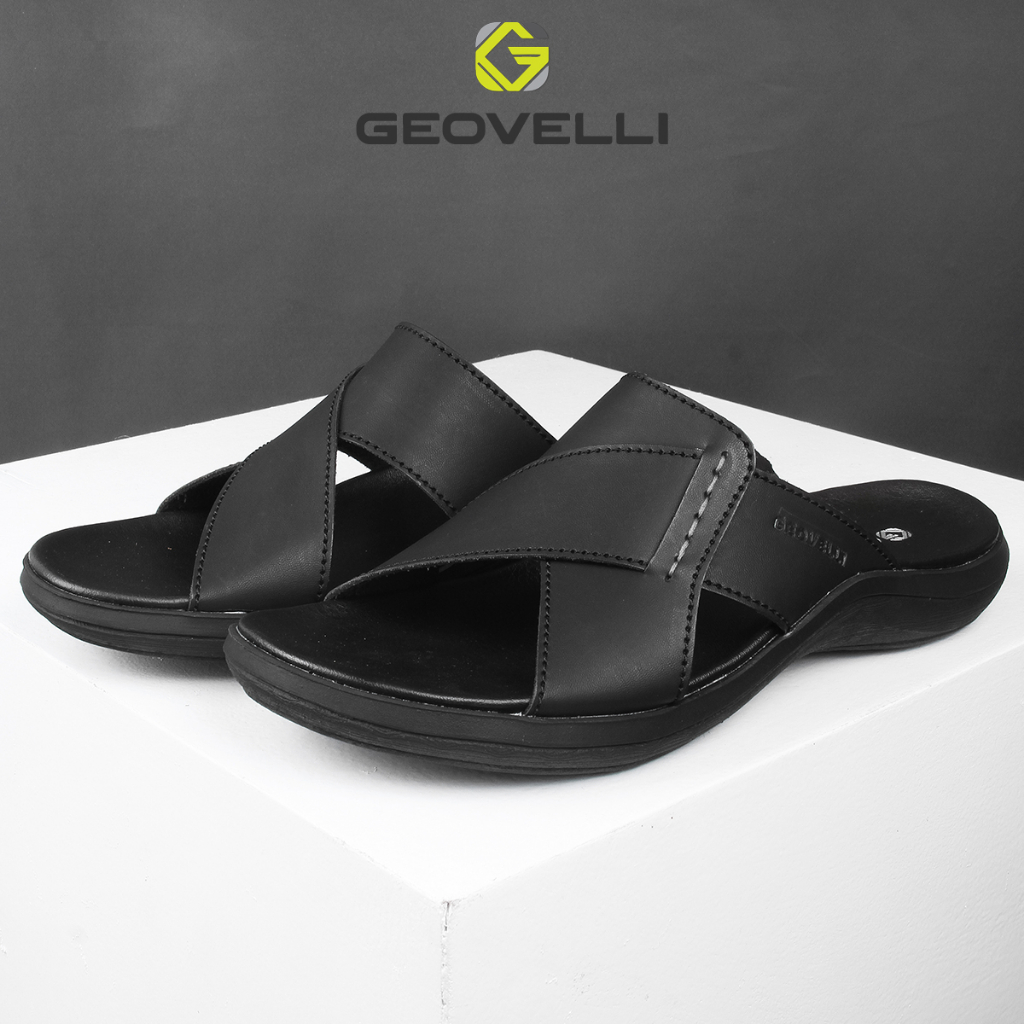 Sandal Pria Hitam Kekinian Geovelli Original Sendal Slide Pria Kualitas Lokal Premium - G-1986 Tan Black