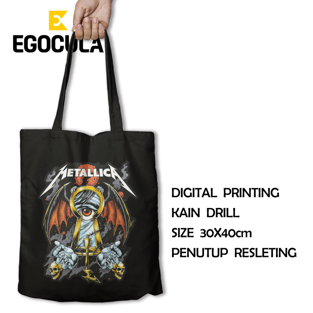 EGOCULA Tote Bag Metallica Pria Wanita Tas Jinjing Sekolah Kuliah Resleting 30x40