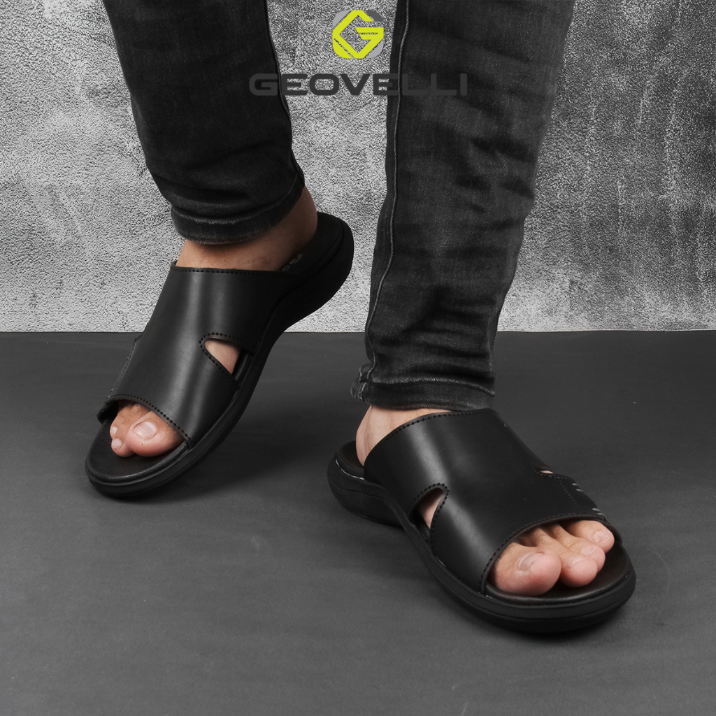 Sandal Pria Hitam Kekinian Geovelli Sendal Pria Casual Sandal Slide Kualitas Lokal – G1990 Full Black