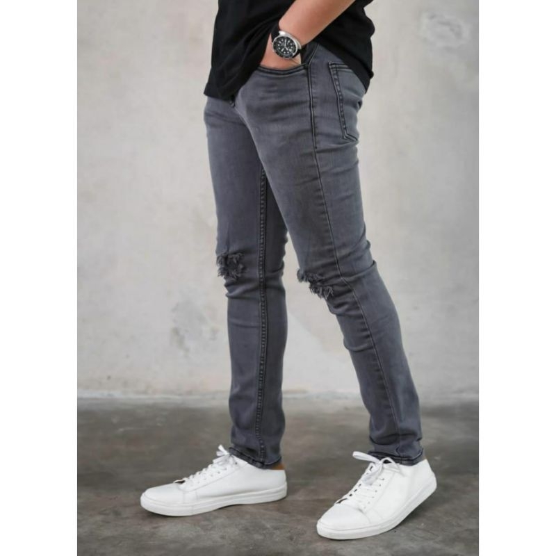 Celana Jeans Pria Sobek Ripped Soft Jeans Pensil Streetch