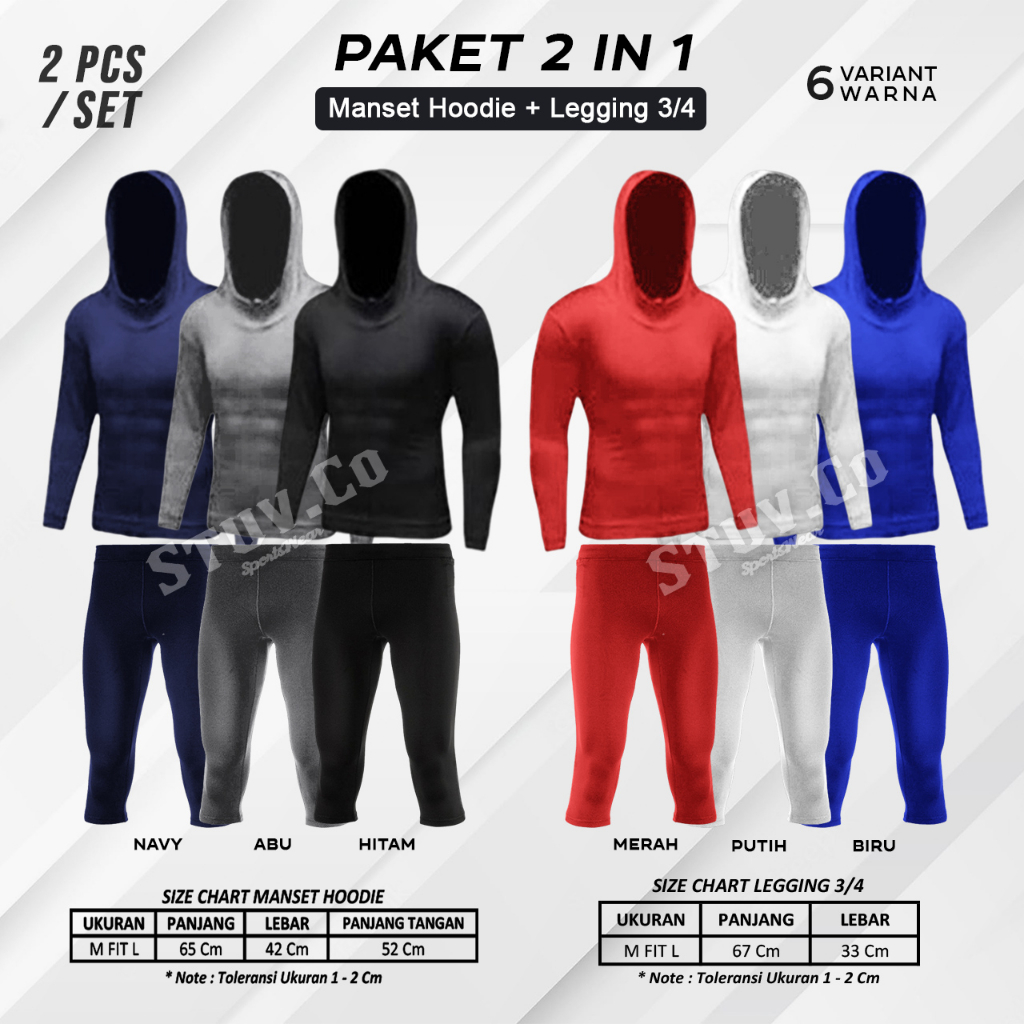 PAKET STELAN 2IN1 BAJU BASELAYER OLAHRAGA MANSET HOODIE DAN CELANA LEGGING 3/4 6 WARNA