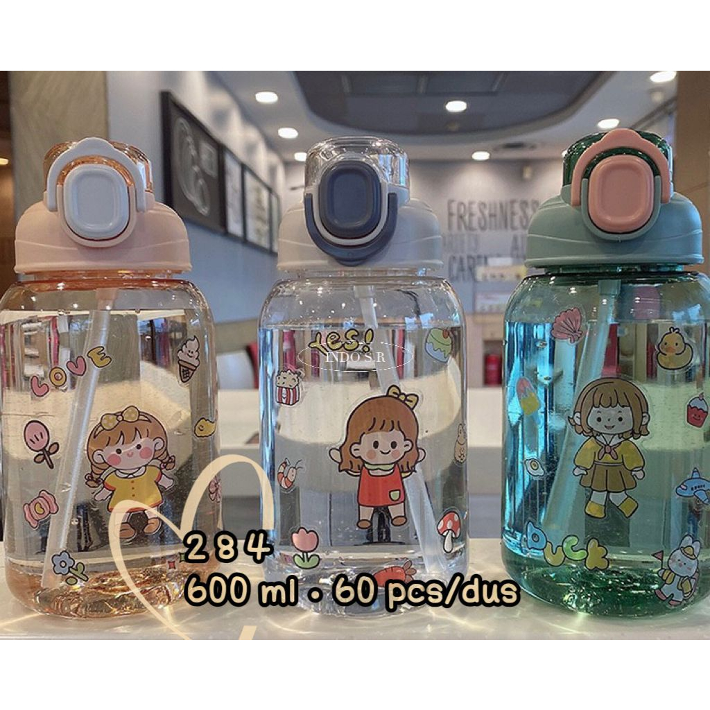 Botol Minum Anak Karakter Lucu Botol Minum Bening Transparant 600ml Anti Tumpah