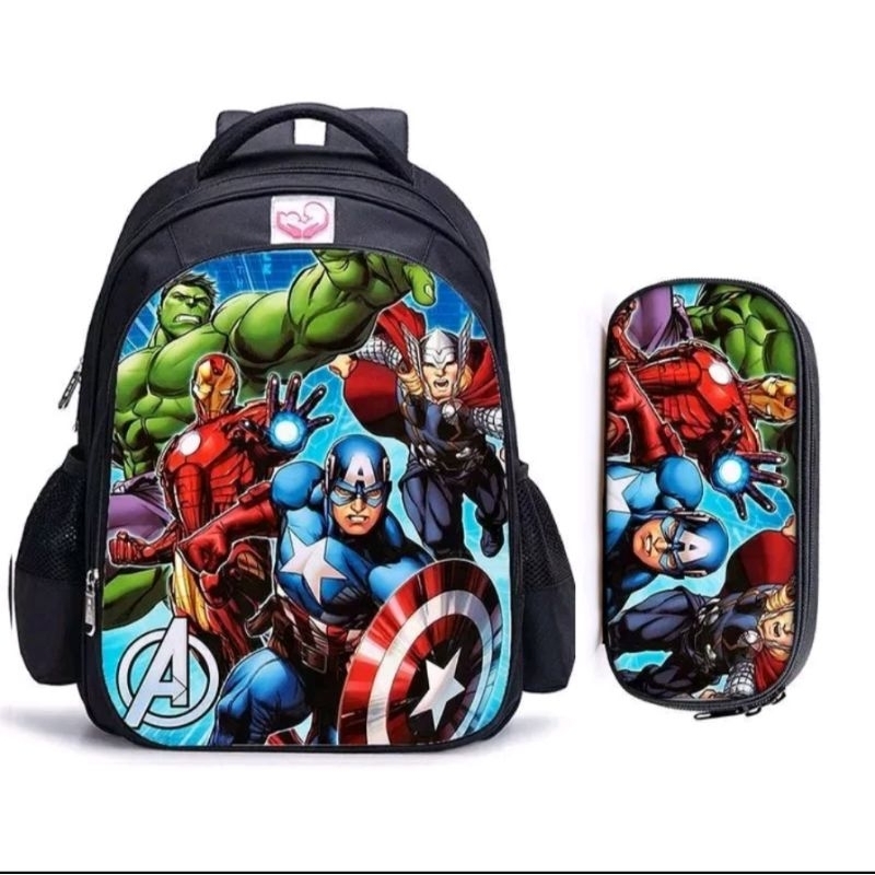 Tas ransel anak laki-laki karakter superhero 2in1 tas+cepuk tempat pensil