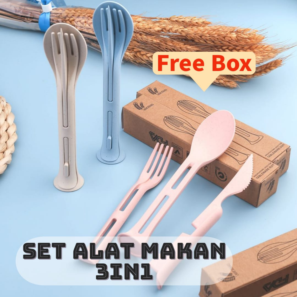 AZ SET ALAT MAKAN 3IN1 TRAVELING PRAKTIS / SENDOK GARPU PISAU SET BAHAN JERAMI SOUVENIR