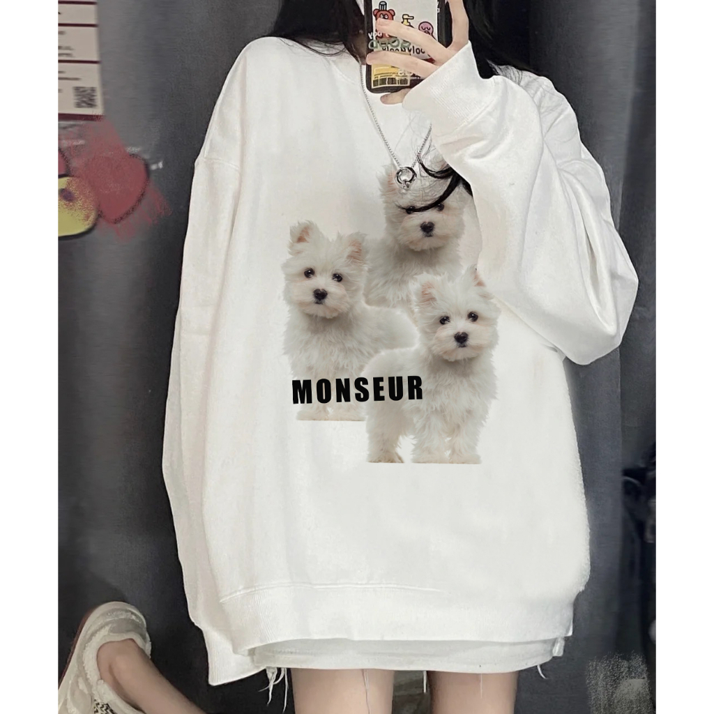 EUNII Sweater Lengan Panjang Cartoon Monseur Dog Printing Korean Style/Sweater Crop/Baju Wanita/Switer Wanita/Switer