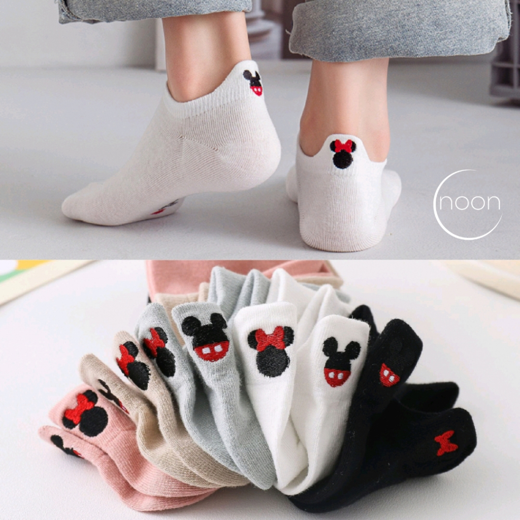 NOON (Disney) Kaos Kaki Pendek Wanita Korea  Sneakers Sekolah Olahraga Kerja Kantor Semata Kaki Motif Mickey Minnie Vans Converse Putih SMA Lucu Imut Katun Import Ankle Socks