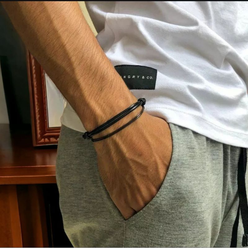 gelang korea tali ukuran 2mm unisex pria wanita hitam polos casual minimalis accesssories gelang kor