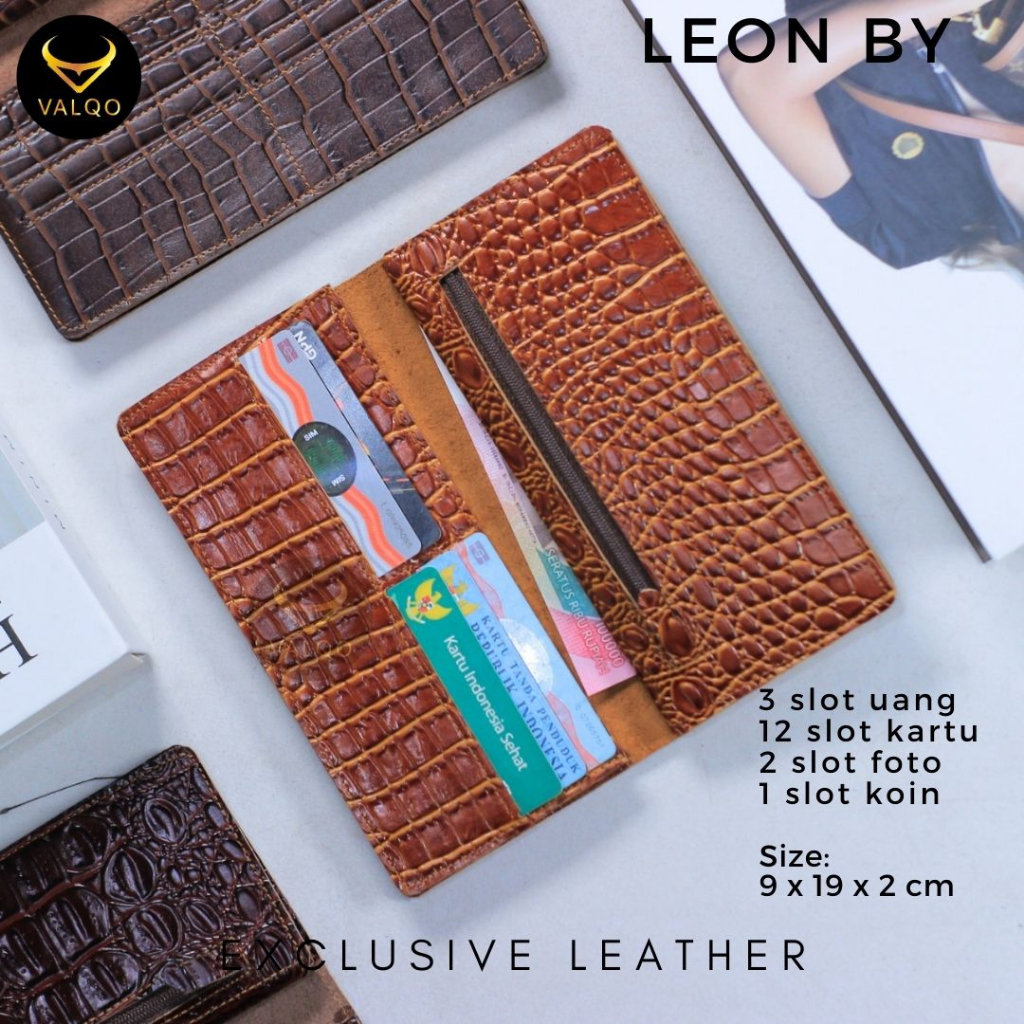 [VALQO] LEON BY Dompet Kulit Sapi Motif Buaya Pria Wanita Panjang Kartu Foto Cewek Cowok