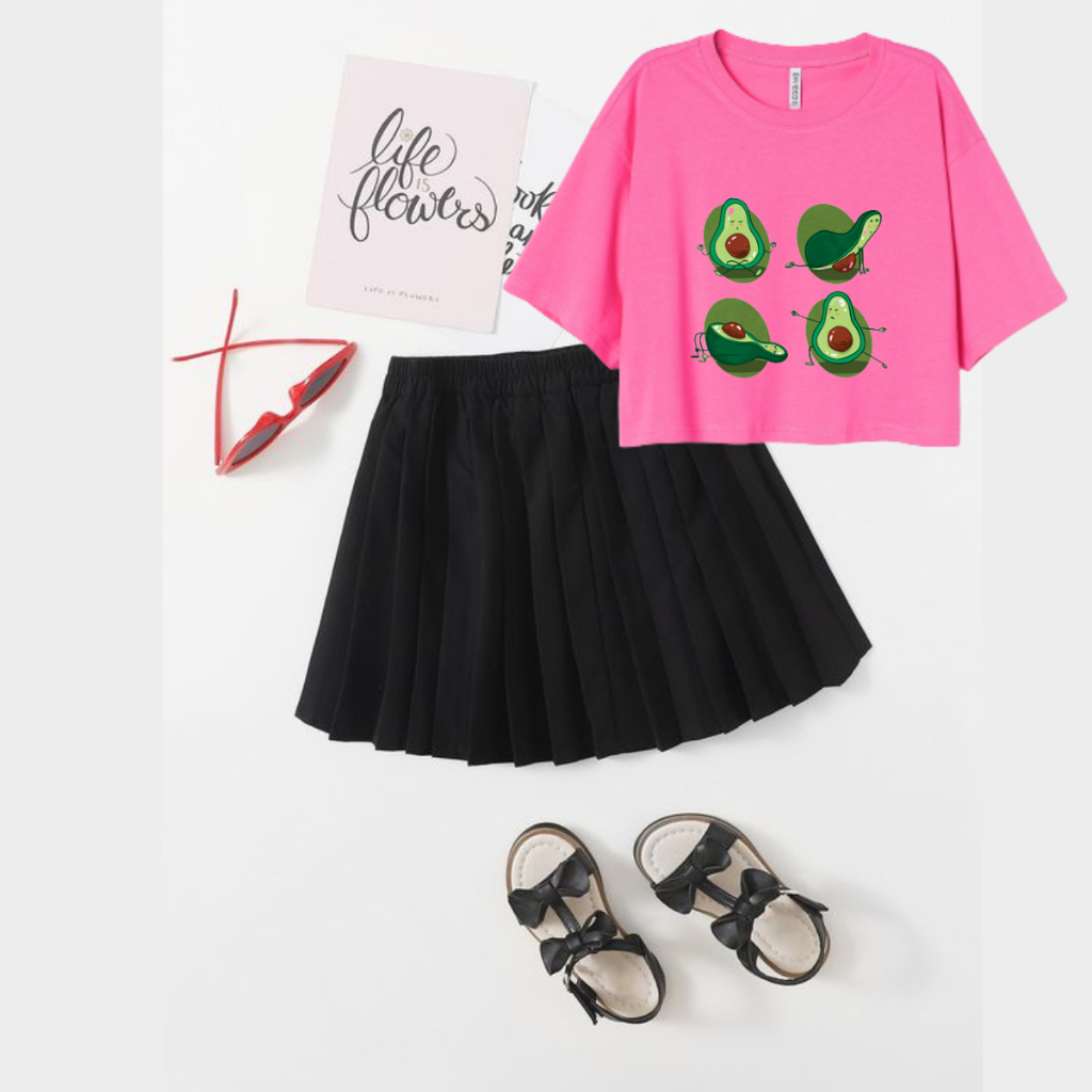 JBF 1 Set Outfit Cewek Kekinian Atasan Crop Top Oversized Avacado Dan Celana Rok