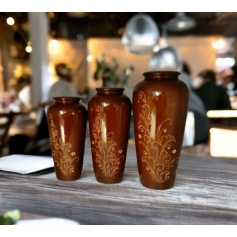Vas bunga kayu jati set 3/guci set kayu jati ukir  antik /dekorasi rumah guci set kayu jati 3 pcs