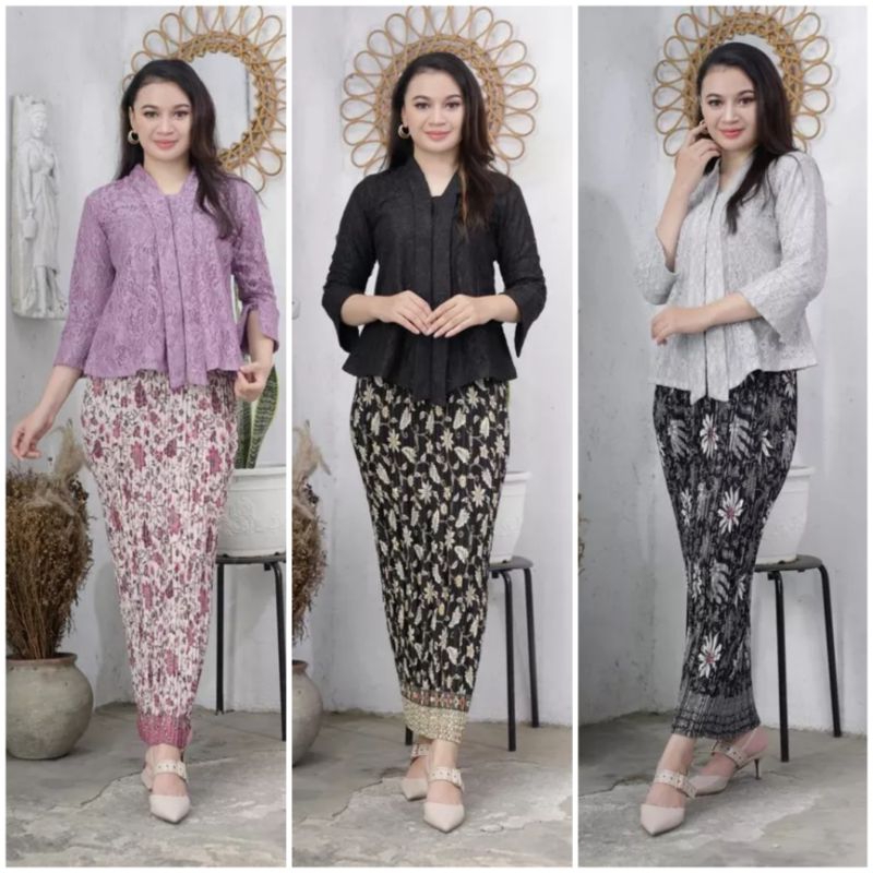 SETELAN KEBAYA MODERN FLOY KUTU BARU BROKAT DAN ROK PLISKET BATIK PANJANG DEWASA / BAJU KEBAYA MUSLI