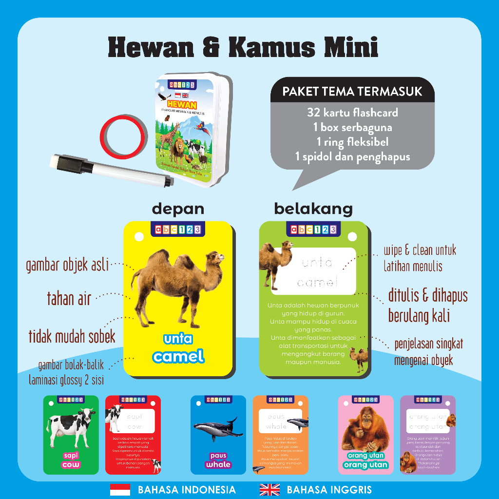 Flash Card Wipe Clean ( BONUS RING + SPIDOL + BOX ) Mainan Edukasi Flashcard Kartu Pintar Anak