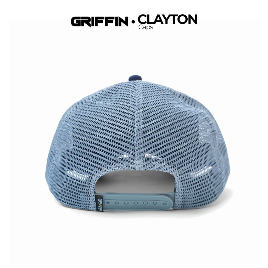 Topi Trucker Pria Wanita Unisex Putih Biru Keren Sablon Hi Density Timbul Clayton by Griffin