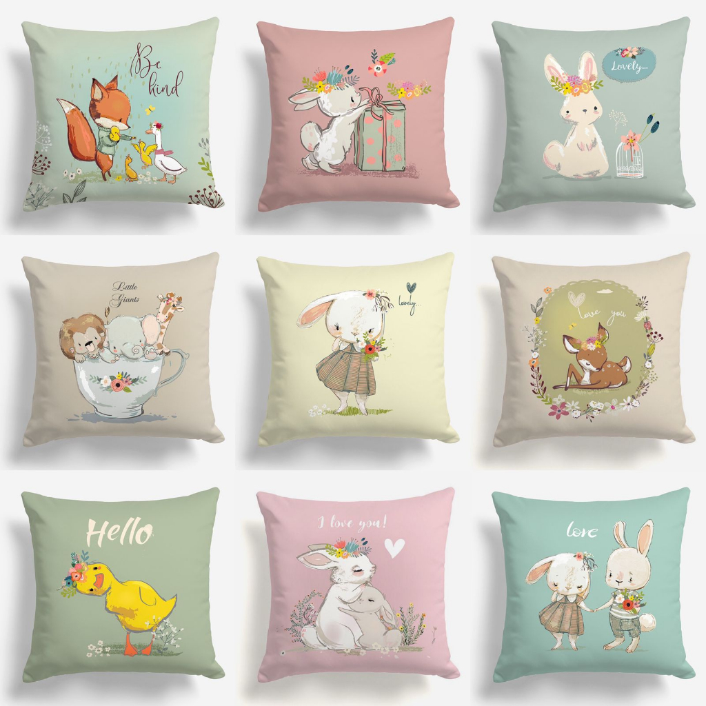 COVER SARUNG Bantal Sofa Print Motif Lovely Pastel Bunny Fox Duck 40x40 cm - Pusat Kado Murah