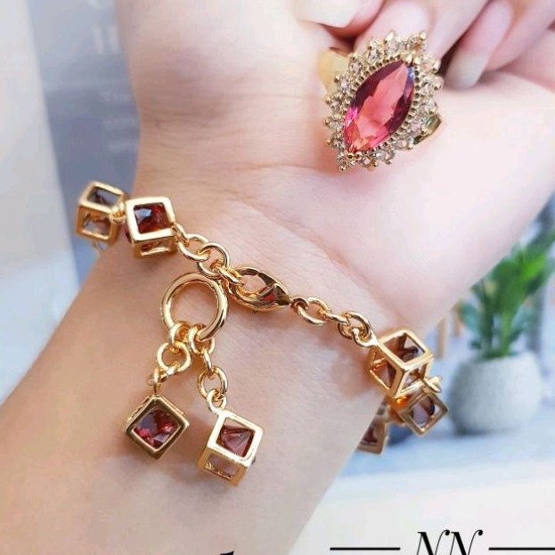 Gelang Dadu Batu Merah Set Cincin Xuping Gold Permata Aksesoris Fashion Wanita 806a1