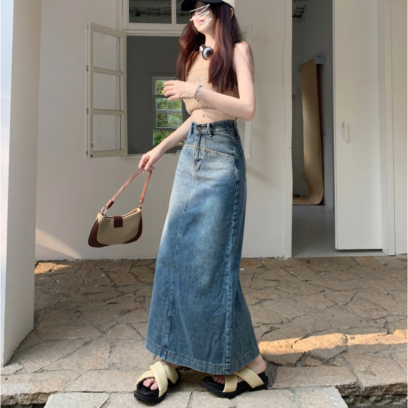 Korean style Rok dres Split a-line skirt Rok panjang denim a-line skirt  midi slit